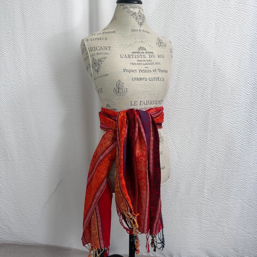 Pashmina Stripe Oversized Blanket Scarf fringe edges Silk Blend - Picture 2 of 9